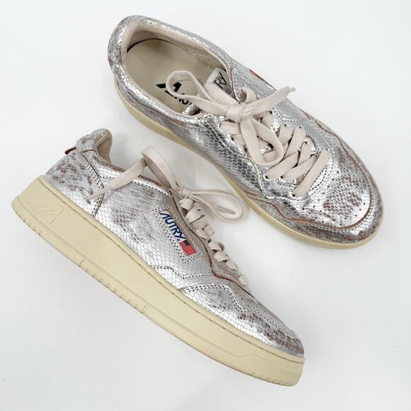 Autry Medalist Shoes SZ 41 (US 11) Sneaker Silver Metallic Snake Low Top Leather - Picture 1 of 16